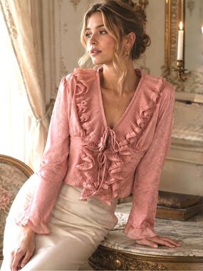 En Saison Gabriella Dusty Rose Ruffle Tie Front Jacquard Blouse L Romantic